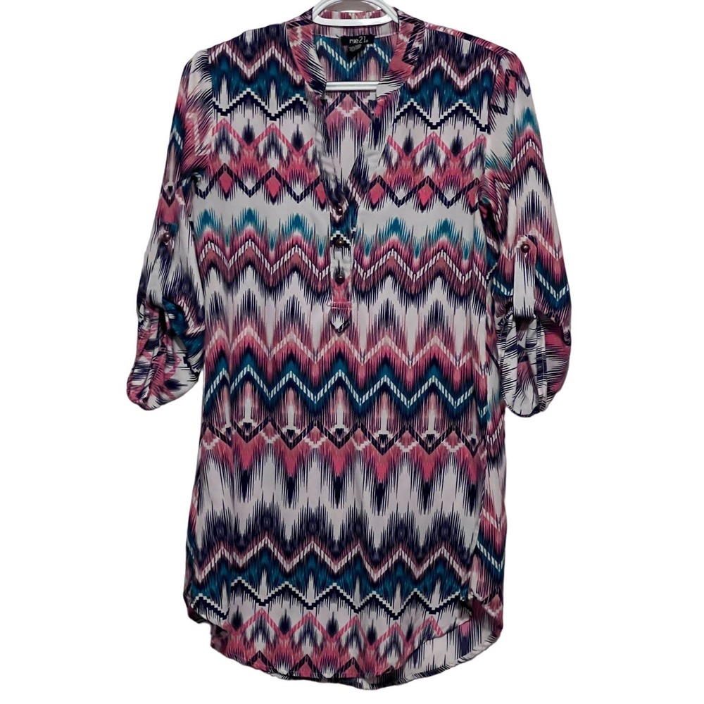 Rue 21 Women's Blue Teal Pink 3/4 Button Front 3/4 Sleeves Dress Size XS